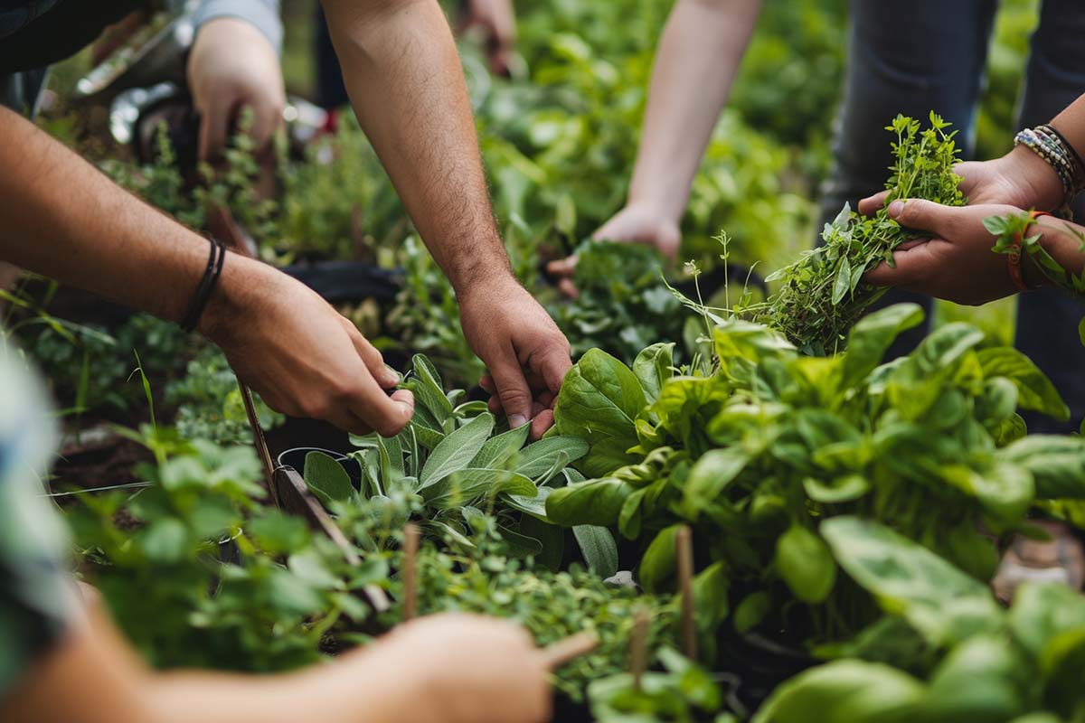 Photo of multiple hands working with herbs